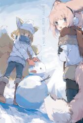Rule 34 | 2girls, alternate costume, animal ears, arknights, black gloves, blonde hair, blue eyes, blue pants, blue scarf, blush, boots, braid, braided hair rings, brown footwear, colored tips, commentary request, earmuffs, ears through headwear, fox ears, fox girl, fox tail, fur-trimmed boots, fur trim, gloves, green eyes, hair rings, happy new year, highres, kitsune, kyuubi, long sleeves, multicolored hair, multiple girls, multiple tails, new year, open mouth, outdoors, pants, pink hair, pom pom (clothes), red gloves, red scarf, scarf, scarf over mouth, short hair, snowman, sussurro (arknights), suzuran (arknights), sweater, tail, twin braids, two-tone hair, unitedunti, white hair, white headwear, white sweater