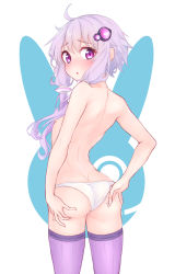 Rule 34 | 1girl, aho whale, ass, back, blush, breasts, from behind, hair ornament, highres, long hair, looking at viewer, looking back, panties, purple eyes, purple hair, purple thighhighs, sidelocks, small breasts, solo, standing, thighhighs, topless, underwear, voiceroid, white background, white panties, yuzuki yukari