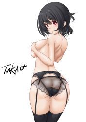 Rule 34 | 1girl, ass, black hair, black panties, black thighhighs, blush, breasts, butt crack, character name, covering privates, covering breasts, from behind, garter belt, garter straps, highres, kantai collection, large breasts, looking at viewer, looking back, panties, panties over garter belt, red eyes, short hair, simple background, smile, solo, standing, t2r, takao (kancolle), thigh gap, thighhighs, topless, twisted torso, underwear, white background