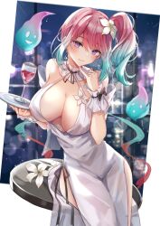 Rule 34 | 1girl, alcohol, aqua hair, bare shoulders, breasts, cleavage, commission, covered erect nipples, cowboy shot, cup, dress, drinking glass, flower, ghost, gradient hair, halter dress, halterneck, highres, holding, holding tray, large breasts, leaning on table, looking at viewer, lumilive, miakiuehashi, multicolored hair, no bra, orange hair, pink hair, pixiv commission, plunging neckline, purple eyes, reiyu guigui, side ponytail, side slit, smile, swept bangs, tray, virtual youtuber, wine, wine glass