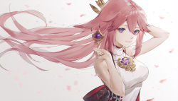 Rule 34 | 1girl, arm up, bare arms, bare shoulders, breasts, cha chya, commentary request, dress, eyeshadow, floating hair, genshin impact, hand up, highres, large breasts, long hair, looking at viewer, makeup, petals, pink hair, purple eyes, sleeveless, sleeveless dress, smile, solo, upper body, white dress, yae miko