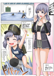 Rule 34 | &gt;:d, &gt;;d, 10s, 5girls, :d, ;d, aged down, arm warmers, asashio (jmsdf), bare arms, bare legs, bare shoulders, bikini, bikini skirt, black hair, brown hair, commentary request, eyebrows, highres, hiryuu (kancolle), kantai collection, miniskirt, mother and daughter, multiple girls, name tag, navel, one eye closed, ooshio (jmsdf), ooshio (kancolle), open mouth, partially submerged, pleated skirt, purple eyes, purple hair, school swimsuit, side ponytail, skirt, smile, souryuu (jmsdf), speech bubble, swimsuit, torpedo, translation request, v-shaped eyebrows, yano toshinori