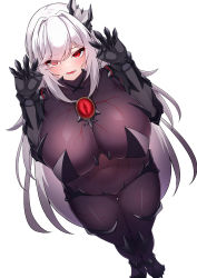Rule 34 | 1girl, 5danny1206, absurdres, blush, bodysuit, breasts, covered navel, gauntlets, hair ornament, hands up, highres, large breasts, long hair, looking at viewer, original, parted lips, red eyes, simple background, solo, thighs, white background, white hair