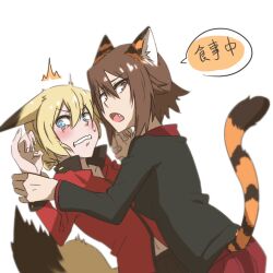 Rule 34 | 2girls, ^^^, animal ears, arm grab, black jacket, blonde hair, blue eyes, blush, braid, brown eyes, brown hair, cat ears, cat tail, commentary, constricted pupils, darjeeling (girls und panzer), epaulettes, fang, frown, girls und panzer, grimace, jacket, kemonomimi mode, kneeling, kuromorimine military uniform, lamen3000, long sleeves, looking at another, looking at viewer, looking back, lying, military, military uniform, motion blur, multiple girls, nishizumi maho, on back, open mouth, pleated skirt, red jacket, red shirt, red skirt, shirt, short hair, simple background, skirt, st. gloriana&#039;s military uniform, sweatdrop, tail, tiger ears, tiger tail, translated, trembling, uniform, white background
