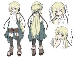 1girl black_shorts blonde_hair blue_eyes blue_jacket boots braid crown_braid flat_chest fold-over_boots glasses hair_ribbon jacket konnyakugozen long_hair original ponytail red-framed_eyewear reference_sheet ribbon shirt shorts sidelocks thighhighs very_long_hair white_shirt