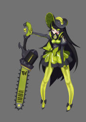 Rule 34 | 1girl, barcode, black bow, black footwear, black hat, bow, chainsaw, eyepatch, eyeshadow, gas mask, gloves, green bow, green eyes, green gloves, green hair, green legwear, hand on weapon, hat, highres, long hair, makeup, mask, mole, mole under eye, multicolored hair, open mouth, original, puffy sleeves, sharp teeth, simple background, solo, standing, streaked hair, sword, teeth, upper teeth only, weapon, white background, wtcolor
