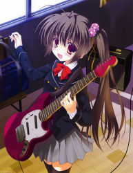 Rule 34 | 1girl, :d, absurdres, amplifier, black thighhighs, brown hair, electric guitar, guitar, hair bobbles, hair ornament, highres, image sample, instrument, nanao naru, open mouth, purple eyes, school uniform, side ponytail, skirt, smile, solo, thighhighs, zettai ryouiki