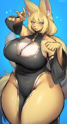 Rule 34 | 1girl, absurdres, animal ears, animal nose, black dress, black sleeves, blonde hair, blue background, blue eyes, blush, body fur, breasts, china dress, chinese clothes, cleavage, cleavage cutout, clothing cutout, detached sleeves, dress, fangs, furry, furry female, gradient background, highres, huge breasts, long hair, looking at viewer, open mouth, original, snout, solo, suurin (ksyaro), tail, thick thighs, thighs, white fur, yellow fur