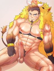 Rule 34 | 1boy, abs, absurdres, animal hood, bara, bare pectorals, blush, boar boy, boar hood, boar tail, body fur, brown hair, chest harness, cum, erection, facial hair, facial mark, fang, forked eyebrows, frown, goatee, gullinbursti (housamo), harness, highres, hood, large pectorals, leg tattoo, long sideburns, looking at viewer, male focus, mature male, muscular, muscular male, navel, nipples, pectorals, penis, pubic tattoo, scar, scar on chest, short hair, sideburns, smile, solo, spread legs, stomach, tattoo, thick thighs, thighs, tokyo houkago summoners, uiokv, uncensored