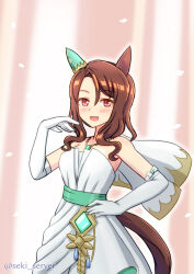 Rule 34 | 1girl, animal ears, bare shoulders, brown hair, dress, ear covers, hand on own hip, horse ears, horse girl, horse tail, jewelry, king halo (evergreen identity) (umamusume), king halo (umamusume), looking at viewer, necklace, official alternate costume, red eyes, seki (hyokosho), single ear cover, smile, solo, tail, umamusume, white dress