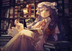 Rule 34 | 1girl, book, book stack, bookshelf, bow, closed mouth, collared dress, commentary request, crescent, crescent hat ornament, dark, double bun, dress, frilled sleeves, frills, hair bow, hair bun, hat, hat ornament, highres, indoors, knees up, lantern, long hair, long sleeves, mob cap, mushiao, open book, patchouli knowledge, pink ribbon, purple eyes, purple hair, red bow, ribbon, solo, touhou, white dress, white hat, wide sleeves