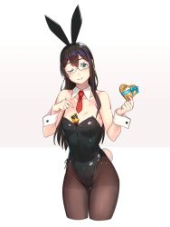 Rule 34 | 1girl, alternate costume, animal ears, arms up, bare shoulders, between breasts, black hair, black leotard, blue eyes, blush, breasts, brown pantyhose, candy, candy bar, chocolate, chocolate heart, closed mouth, collarbone, cropped legs, detached collar, fake animal ears, food, food between breasts, glasses, groin, hairband, heart, highleg, highleg leotard, highres, holding, kantai collection, leotard, long hair, looking at viewer, necktie, one eye closed, ooyodo (kancolle), pantyhose, playboy bunny, rabbit ears, rabbit girl, red necktie, ribbon, semi-rimless eyewear, simple background, small breasts, smile, solo, strapless, strapless leotard, under-rim eyewear, valentine, white background, wrist cuffs, yuuji (and)