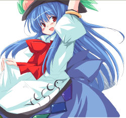 Rule 34 | 1girl, :d, arm up, blue hair, blue skirt, blush, bow, bowtie, female focus, food, fruit, hat, hinanawi tenshi, imuraya ayuka, long hair, looking at viewer, open mouth, peach, puffy short sleeves, puffy sleeves, rainbow order, red bow, red bowtie, red eyes, shirt, short sleeves, skirt, smile, solo, tareme, touhou, very long hair, white shirt
