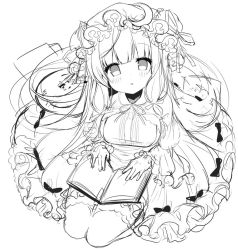 Rule 34 | 1girl, :o, blunt bangs, book, bow, breasts, capelet, commentary request, crescent, crescent hair ornament, dress, full body, greyscale, hair bow, hair ornament, hat, large breasts, long hair, looking at viewer, mob cap, monochrome, patchouli knowledge, seiza, shiika yuno, simple background, sitting, sketch, solo, touhou, white background