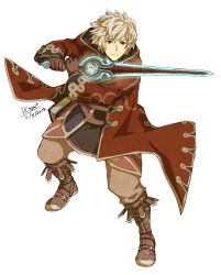 Rule 34 | 1boy, adapted costume, adapted weapon, belt, blonde hair, book, boots, dc9spot, fire emblem, fire emblem awakening, full body, highres, holding, holding sword, holding weapon, male focus, monado, nintendo, shulk (xenoblade), solo, sword, two-handed, weapon, xenoblade chronicles (series), xenoblade chronicles 1, xenoblade chronicles (series)