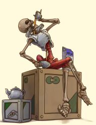 Rule 34 | 1other, blush, commentary request, crate, crossed legs, cup, doom (series), doom ii, drink, drinking, full body, kurashiki nanka, milk carton, missile pod, pouring, revenant (doom), signature, simple background, sitting, skeleton, solo, tea, teacup, teapot, undead
