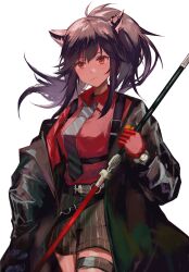 Rule 34 | 1girl, animal ears, arknights, belt, black hair, black jacket, black necktie, black shorts, closed mouth, collared shirt, ear piercing, gloves, highres, holding, holding sword, holding weapon, jacket, long hair, necktie, official alternate costume, open clothes, open jacket, orange eyes, piercing, ponytail, red gloves, red shirt, ruyu (txzy22), shirt, shorts, simple background, solo, striped clothes, striped necktie, striped shorts, sword, texas (arknights), texas (willpower) (arknights), thigh strap, watch, weapon, white background, wolf ears, wristwatch