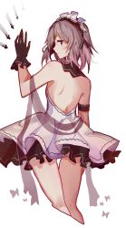 Rule 34 | 1girl, akira (ying), alternate costume, back, backless outfit, bad id, bad pixiv id, bare back, black gloves, danmaku, dress, from behind, gloves, highres, izayoi sakuya, jitome, looking at viewer, looking back, maid headdress, short dress, short hair, silver dress, silver hair, simple background, solo, touhou