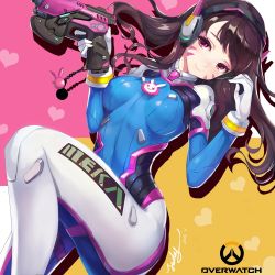 Rule 34 | 1girl, 2016, acronym, alternate eye color, animal print, armor, blue bodysuit, bodysuit, boots, bracer, breasts, breasts apart, brown eyes, brown hair, charm (object), closed mouth, copyright name, covered erect nipples, covered navel, cowboy shot, d.va (overwatch), dated, emblem, facepaint, facial mark, finger on trigger, gloves, gun, hand on own hip, hand up, handgun, hands up, headphones, heart, high collar, holding, holding gun, holding weapon, jiujiuyatou (yayanzz), knee pads, knee up, logo, long hair, long sleeves, looking at viewer, lying, medium breasts, on back, overwatch, overwatch 1, pauldrons, pilot suit, pink lips, purple eyes, rabbit print, ribbed bodysuit, shiny clothes, shoulder armor, shoulder pads, signature, simple background, sketch, skin tight, smile, smug, solo, spread legs, swept bangs, thigh boots, thigh strap, thighhighs, weapon, whisker markings, white background, white footwear, white gloves