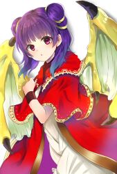 Rule 34 | 1girl, bracelet, capelet, coat, dragon girl, dragon wings, dress, fire emblem, fire emblem: the sacred stones, gold trim, green wings, hair tie, hand up, highres, jewelry, long hair, looking at viewer, looking to the side, multi-tied hair, myrrh (fire emblem), nintendo, open clothes, open coat, pale skin, parted lips, ponta (wwtaimeww), purple hair, red capelet, red coat, red eyes, simple background, solo, standing, twintails, upper body, white background, white dress, wings, wristband, yellow wings