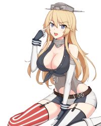 Rule 34 | 10s, 1girl, bad id, bad pixiv id, belt, blonde hair, blue eyes, breasts, cleavage, elbow gloves, fingerless gloves, front-tie top, garter straps, ghound, gloves, hat, iowa (kancolle), kantai collection, large breasts, long hair, looking at viewer, miniskirt, open mouth, pointing, pointing at self, purple eyes, sitting, skindentation, skirt, solo, star-shaped pupils, star (symbol), striped clothes, striped thighhighs, symbol-shaped pupils, thighhighs, wariza