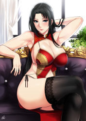 Rule 34 | 1girl, arm behind head, armpits, bad id, bad pixiv id, black eyes, black hair, black panties, black thighhighs, blush, breasts, china dress, chinese clothes, cleavage, closed mouth, dress, elbow rest, eyeshadow, highres, huge breasts, long hair, looking at viewer, makeup, mature female, nush (xter), original, panties, pelvic curtain, red dress, side-tie costume, sidelocks, signature, sitting, sleeveless, smile, solo, straight hair, thighhighs, thighs, toned, underwear, xter