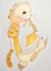 Rule 34 | absurdres, animal, animal focus, chinese text, commentary request, extra tails, ferret, fluefluekoubo26, highres, hood, hood down, hoodie, no humans, original, painting (medium), pocket, signature, simple background, striped sleeves, traditional media, watercolor (medium), white background