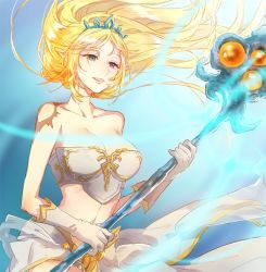 Rule 34 | 1girl, blonde hair, blue eyes, breasts, es (esscarlet), female focus, floating hair, janna (league of legends), large breasts, league of legends, long hair, midriff, off shoulder, parted bangs, pointy ears, solo, staff
