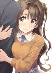 Rule 34 | 1girl, arm hug, blush, brown eyes, brown hair, closed mouth, commentary request, curly hair, eyelashes, hair intakes, head out of frame, highres, idolmaster, idolmaster cinderella girls, kusugi tai, layered clothes, long hair, long sleeves, one side up, shimamura uzuki, smile, solo focus, upper body, wing collar