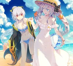 Rule 34 | 2girls, :d, :o, ball, bare shoulders, beach, beachball, bikini, blonde hair, blue bikini, blue eyes, blue sky, bow, bow bikini, bracelet, breasts, cleavage, cloud, cloudy sky, collarbone, day, dragon horns, dress, fate/grand order, fate (series), flower, frilled bikini, frills, front-tie bikini top, front-tie top, gem, grey hair, groin, hair ribbon, hat, hat ribbon, holding, holding ball, holding hands, horizon, horns, inaeda kei, interlocked fingers, jewelry, kiyohime (fate), kiyohime (fate/grand order), kiyohime (swimsuit lancer) (fate), kiyohime (swimsuit lancer) (third ascension) (fate), leg up, long hair, marie antoinette (fate), marie antoinette (fate/grand order), marie antoinette (swimsuit caster) (fate), marie antoinette (swimsuit caster) (second ascension) (fate), medium breasts, multiple girls, navel, ocean, off-shoulder dress, off shoulder, open mouth, outdoors, plaid, plaid ribbon, ponytail, red eyes, ribbon, sand, sand sculpture, shawl, shell, sky, smile, sparkle, standing, standing on one leg, starfish, starfish hair ornament, summer, sun hat, sundress, sweatdrop, swimsuit, taneda risa, twintails, voice actor connection, water, white dress, yellow ribbon