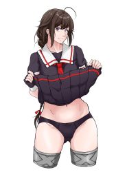 Rule 34 | ahoge, black gloves, black panties, black skirt, bow, braid, brown hair, clothes lift, cowboy shot, fingerless gloves, gloves, hair bow, hair ornament, hair ribbon, highres, kantai collection, lifted by self, looking at viewer, midriff, mole, panties, purple eyes, ribbon, shigure (kancolle), simple background, skirt, skirt lift, smile, solo, sozan, thighs, underwear, upper body, white background