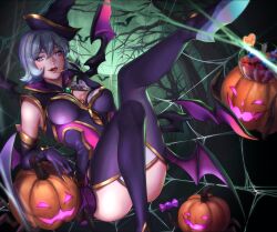 Rule 34 | 1girl, \||/, absurdres, bare shoulders, bewitching elise, breasts, candy, cave, claws, commentary, elise (league of legends), english commentary, food, full body, gem, gloves, glowing, gold trim, grey hair, halloween, highres, league of legends, legs, medium breasts, mini wings, nyaamen fork, official alternate costume, pumpkin, purple eyes, purple gloves, purple thighhighs, shadow, silk, single hair intake, sitting, sleeveless, solo, spider web, thighhighs, thighs, tilted headwear, tongue, tongue out, tree, wings, witch