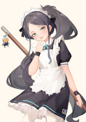 Rule 34 | &lt;key&gt; (robot) (blue archive), 1girl, absurdres, apron, aqua eyes, aqua ribbon, aris (blue archive), aris (maid) (blue archive), black dress, black hair, black wristband, blue archive, blush, character charm, charm (object), commentary, dress, feet out of frame, frilled apron, frilled dress, frills, hand to own mouth, highres, holding, charm (object), long hair, looking at viewer, maid apron, maid headdress, neck ribbon, official alternate costume, open mouth, pantyhose, pink background, ponytail, puffy short sleeves, puffy sleeves, ribbon, short sleeves, sidelocks, simple background, solo, very long hair, white apron, white headwear, white pantyhose, yinglemao