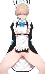 Rule 34 | 1girl, absurdres, black gloves, blonde hair, blue archive, cleft of venus, double v, earpiece, expressionless, frills, gloves, gluteal fold, halo, highres, lifted by self, looking at viewer, maid, maid headdress, no panties, nonflied, puffy sleeves, pussy, short hair, simple background, solo, spread legs, toki (blue archive), uncensored, v, white background