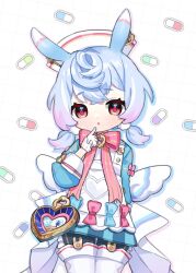 Rule 34 | 1girl, animal ears, apron, blue hair, bow, bowtie, commentary, garter straps, genshin impact, gloves, gradient hair, hair between eyes, hair ornament, hair scrunchie, hat, highres, long hair, long sleeves, looking at viewer, low twintails, miyako draw, multicolored hair, nurse cap, parted lips, pill, pointing, pointing at self, rabbit ears, rabbit girl, red bow, red bowtie, red eyes, scrunchie, sidelocks, sigewinne (genshin impact), simple background, solo, thighhighs, twintails, two-tone hair, white apron, white background, white gloves, white thighhighs