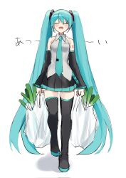 Rule 34 | 1girl, aqua hair, aqua necktie, bag, bare shoulders, black skirt, black sleeves, black thighhighs, closed eyes, commentary, detached sleeves, facing viewer, full body, grey shirt, hair ornament, hatsune miku, highres, holding, holding bag, long hair, miniskirt, necktie, niwa (niwaniwa 1227), open mouth, plastic bag, pleated skirt, shadow, shirt, shopping bag, shoulder tattoo, simple background, sketch, skirt, sleeveless, sleeveless shirt, solo, spring onion, standing, straight-on, sweat, tattoo, thighhighs, translated, twintails, very long hair, vocaloid, walking, white background, zettai ryouiki