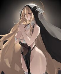 Rule 34 | 1girl, absurdres, azur lane, blonde hair, breast cutout, breasts, cleavage, cowboy shot, fake horns, from side, habit, highres, horns, implacable (azur lane), large breasts, long hair, looking at viewer, lump saury, nun, own hands together, pelvic curtain, revealing clothes, simple background, solo, thighhighs, two-tone dress, very long hair, white horns, white thighhighs