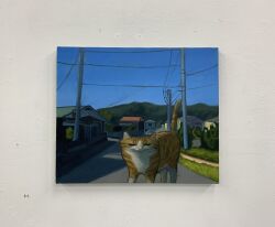 Rule 34 | animal, animal focus, blue sky, cat, clear sky, closed mouth, day, feet out of frame, highres, house, karin hosono, looking at viewer, no humans, orange cat, original, outdoors, painting (medium), photo (medium), power lines, realistic, road, sky, solo, traditional media, utility pole