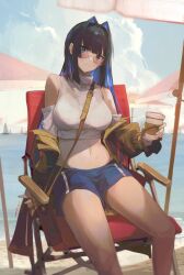 Rule 34 | 1girl, arm support, bag, bare legs, bare shoulders, beach, beach chair, beach umbrella, black hair, blue hair, blue shorts, blunt bangs, boat, breasts, brown coat, cloud, cloudy sky, coat, coffee, coffee cup, colored inner hair, crop top, cup, detached sleeves, disposable cup, ear piercing, earrings, glasses, hair intakes, high collar, highres, hime cut, holding, holding cup, hololive, hololive english, impossible clothes, impossible shirt, jewelry, jushoro, large breasts, long hair, long sleeves, looking at viewer, midriff, multicolored hair, multiple earrings, navel, ocean, official alternate costume, official alternate hair length, official alternate hairstyle, ouro kronii, ouro kronii (casual), outdoors, piercing, pink-tinted eyewear, semi-rimless eyewear, shirt, shore, shorts, shoulder bag, sidelocks, sitting, sky, solo, stomach, thighs, tinted eyewear, turtleneck, two-tone hair, umbrella, virtual youtuber, water, watercraft, white shirt