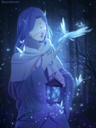 Rule 34 | 1girl, absurdres, artist name, blue light, blue theme, branch, bug, butterfly, capelet, dark, demon girl, fireflies, forest, glowing butterfly, glowing insect, hand up, highres, holding, holding lantern, horns, insect, kantakerro, lantern, light smile, lips, long hair, long sleeves, mask, musica (yakusoku no neverland), nature, neck ribbon, night, nose, oil lamp, outdoors, parted bangs, parted lips, purple hair, purple ribbon, purple robe, ribbon, robe, sidelighting, small horns, solo, white capelet, wide sleeves, yakusoku no neverland
