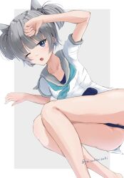 Rule 34 | 1girl, absurdres, aqua neckerchief, barefoot, blue one-piece swimsuit, full body, grey eyes, grey hair, grey sailor collar, headgear, highres, i-36 (kancolle), kantai collection, looking at viewer, lying, neckerchief, old school swimsuit, on side, one-piece swimsuit, one eye closed, sailor collar, sailor shirt, school swimsuit, shirt, short hair, solo, sukimizaki, swimsuit, swimsuit under clothes, twintails, twitter username