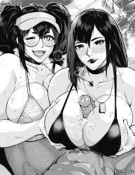 Rule 34 | 1boy, 2girls, bikini, blush, braces, breasts, cum, cum on body, cum on breasts, cum on upper body, ejaculation, glasses, grabbing, grabbing another&#039;s breast, hat, highres, judy (waifusplit), large breasts, large penis, lipstick, long hair, makeup, monochrome, multiple girls, muscular, muscular male, one eye closed, open mouth, paizuri, penis, pizza print, ryopie, smile, sweat, swimsuit, tips (gats), tongue, tongue out, twintails, uncensored, waifusplit, wet