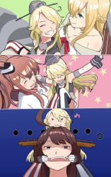 Rule 34 | ..., 10s, 4girls, :3, ^ ^, aged down, ahoge, american flag legwear, bare shoulders, blonde hair, braid, breasts, brown eyes, brown hair, carrying, cleavage, closed eyes, crown, empty eyes, gloves, green eyes, grin, hairband, headgear, iowa (kancolle), japanese clothes, jewelry, kantai collection, kongou (kancolle), long hair, mouth pull, multiple girls, musical note, necklace, off shoulder, open mouth, piggyback, princess carry, quaver, saratoga (kancolle), sitting, sitting on lap, sitting on person, smile, star (symbol), starry background, tachikoma (mousou teikoku), teeth, warspite (kancolle), wrist cuffs