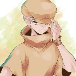 Rule 34 | 1boy, cabbie hat, closed mouth, dr. stone, green eyes, hand on headwear, hand up, hat, hat tip, high collar, highres, looking at viewer, male focus, ninomae gin, one eye covered, saionji ukyou, shirt, short hair, simple background, smile, solo, upper body, white hair, wrist cuffs, yellow hat, yellow shirt