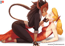 Rule 34 | 2girls, adora, animal ears, arm grab, arm support, black gloves, black jacket, black nails, black pants, blonde hair, blue eyes, blush, bow, breasts, brown hair, cat ears, cat tail, catra, claws, commentary, dark-skinned female, dark skin, dress, english commentary, fingerless gloves, frederico escorsin, gloves, hair bow, half-closed eyes, halterneck, hand on another&#039;s chin, headdress, imminent kiss, jacket, kneeling, leaning forward, lips, logo, long hair, long sleeves, lying, masters of the universe, medium breasts, multiple girls, nail polish, on back, on bed, pants, patreon username, ponytail, red bow, red dress, red footwear, red shirt, shadow, she-ra, she-ra and the princesses of power, shirt, simple background, sleeves rolled up, spats (footwear), tail, white background, yuri