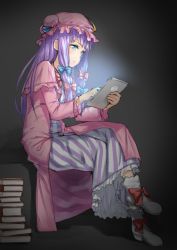 Rule 34 | 1girl, aqua eyes, bow, hair bow, hat, crossed legs, long hair, neo-masterpeacer, patchouli knowledge, purple hair, reading, sitting, solo, tablet pc, touhou