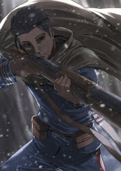 Rule 34 | 1boy, aiming, ammunition pouch, arisaka, belt, black eyes, black hair, blurry, blurry background, bolt action, buttons, cape, collared jacket, facial hair, facial scar, finger on trigger, goatee, goatee stubble, golden kamuy, gun, gun sling, hair slicked back, highres, holding, holding gun, holding weapon, hood, hooded cape, imperial japanese army, jacket, long sleeves, loose hair strand, male focus, military, military uniform, ogata hyakunosuke, outdoors, pouch, rifle, scar, scar on cheek, scar on face, short hair, snow, snowing, soldier, solo, stubble, tree, undercut, uniform, upper body, very short hair, weapon, winter, zombie mogura
