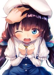 Rule 34 | 10s, 1girl, beret, blue eyes, blush, brown hair, commentary request, dress, fal (fal-se-0), hand on another&#039;s head, hat, headpat, hinatsuru ai, long hair, long sleeves, looking at viewer, low twintails, one eye closed, open mouth, ryuuou no oshigoto!, school uniform, twintails, very long hair