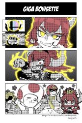 Rule 34 | 2girls, 3boys, aiming, anger vein, angry, aura, black background, blonde hair, blush, bowser, bowsette, bracelet, breasts, brooch, captain falcon, clenched hand, clenched teeth, collar, comic, crazy eyes, crown, dragonith, earrings, empty eyes, eyebrows, fingernails, flat color, floral background, giga bowser, glowing, glowing eyes, grin, hair between eyes, halftone, happy, helmet, horns, jewelry, kirby, kirby (series), looking down, mario (series), multiple boys, multiple girls, new super mario bros. u deluxe, nintendo, nose blush, open clothes, open vest, outstretched arms, ponytail, princess peach, red eyes, red hair, saliva, scarf, shaded face, sharp fingernails, sharp teeth, silent comic, size difference, smile, spiked bracelet, spiked collar, spikes, spread arms, star (symbol), steam, super crown, super smash bros., surprised, tearing up, teeth, toad (mario), upper body, vest, white background, yellow eyes, yellow scarf