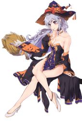 Rule 34 | 1girl, absurdres, book, breasts, broom, chibi, commission, commissioner upload, fire emblem, fire emblem: genealogy of the holy war, fire emblem heroes, halloween, hat, highres, ishtar (fire emblem), legs, long hair, medium breasts, nintendo, non-web source, open mouth, pumpkin, purple eyes, purple hair, skeb commission, thighs, witch, witch hat, yuuri (orz commushows)